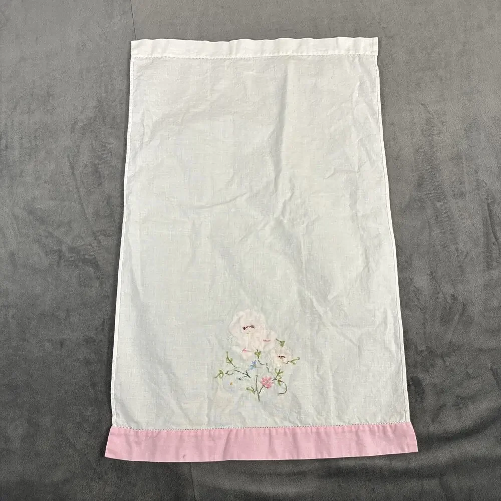 5 Vintage Floral Hand Embroidery Appliqué Cotton Guest Towels Pink Trim Charity